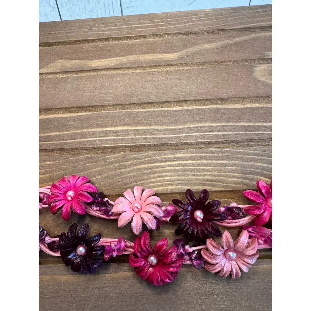 Handmade Genuine Leather Pink Purple Flower Bracelet w Stones Pink Bracelet NEW